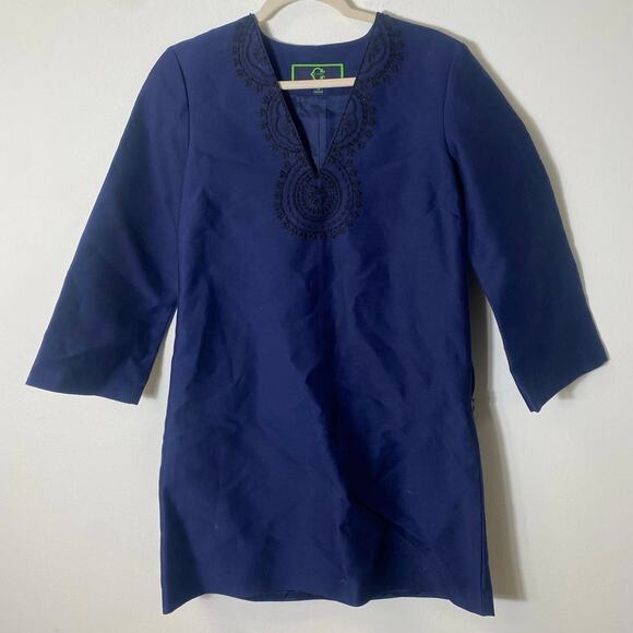 C Wonder Navy Blue Embroidered 3/4 Sleeve Tunic Dress Sz 4 - Picture 1 of 4